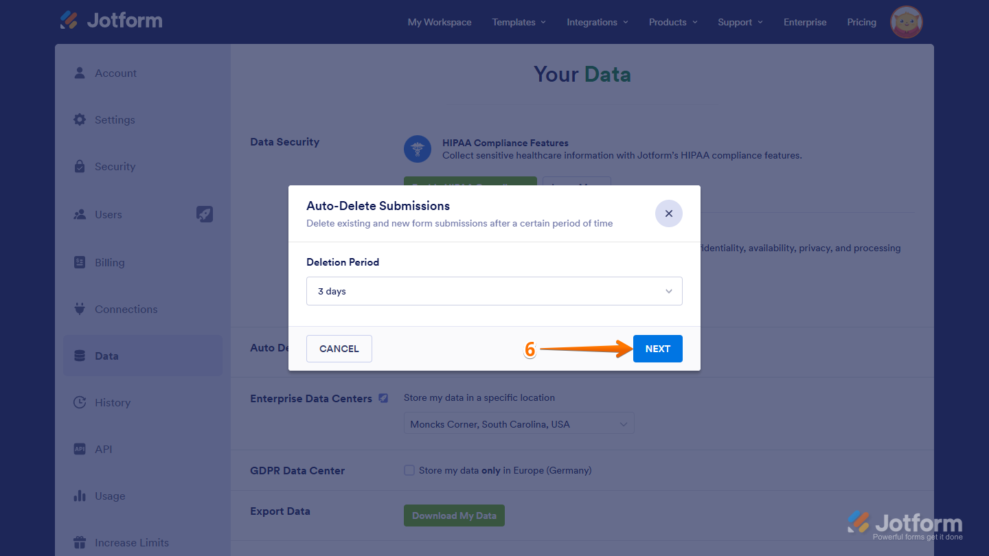 Auto-Delete Submissions window showing Next button at the bottom in Jotform