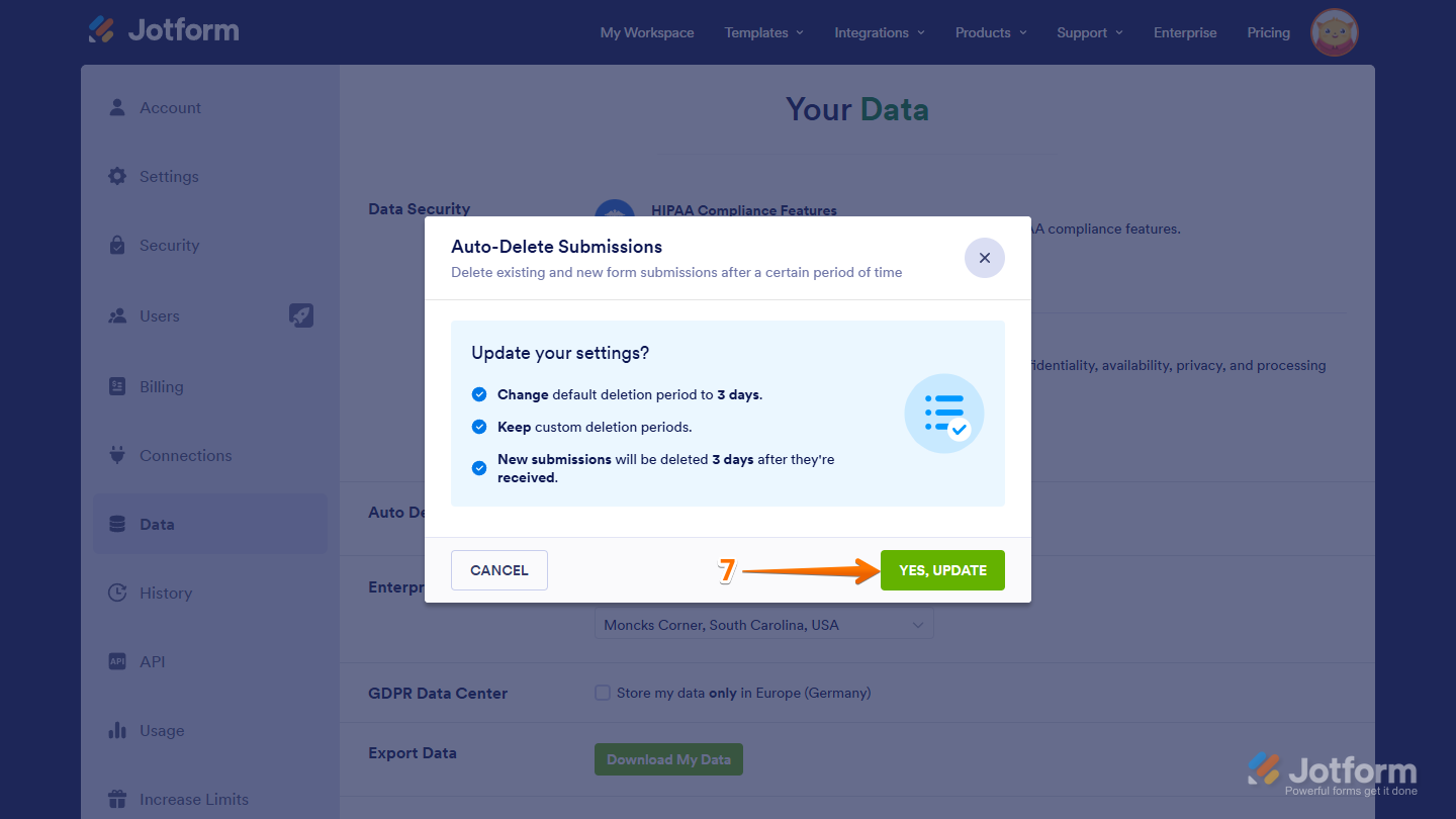 Auto-Delete Submissions window showing Yes Update confirmation button in Jotform
