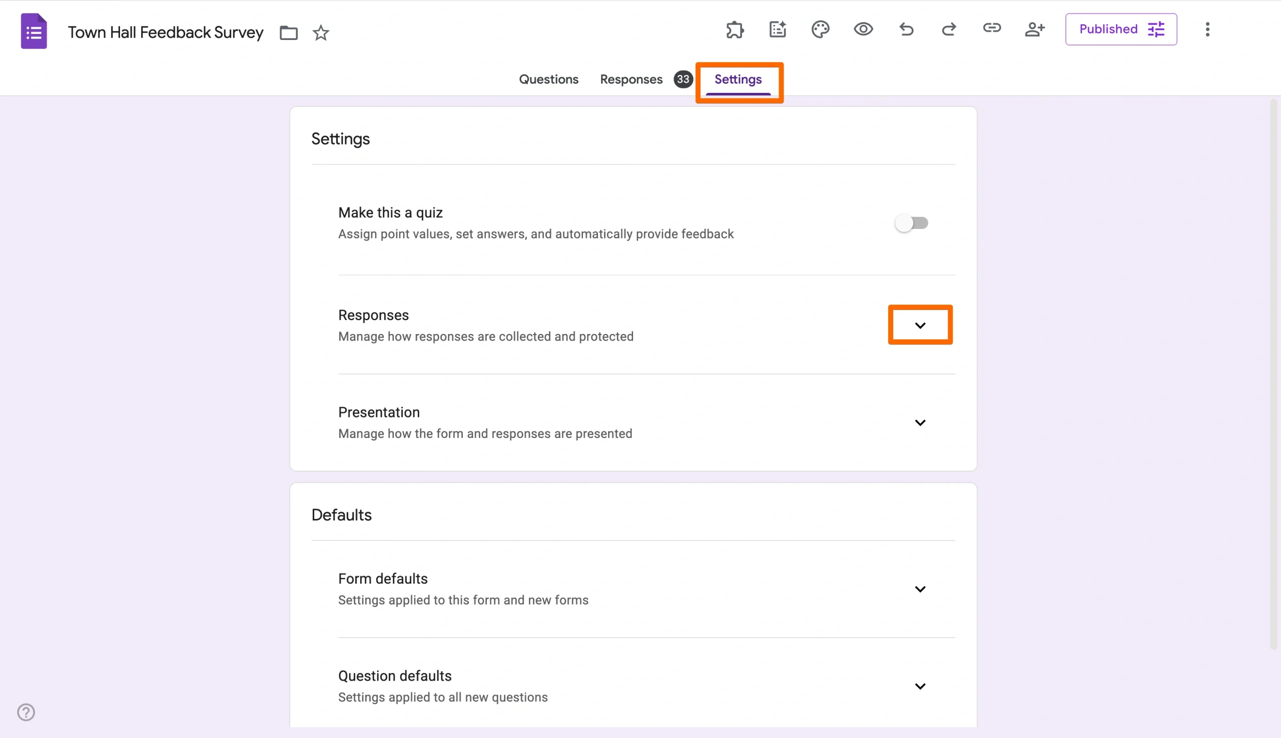 Google Forms interface showing the Settings tab selected, with the ‘Responses’ section expanded to manage how responses are collected and protected