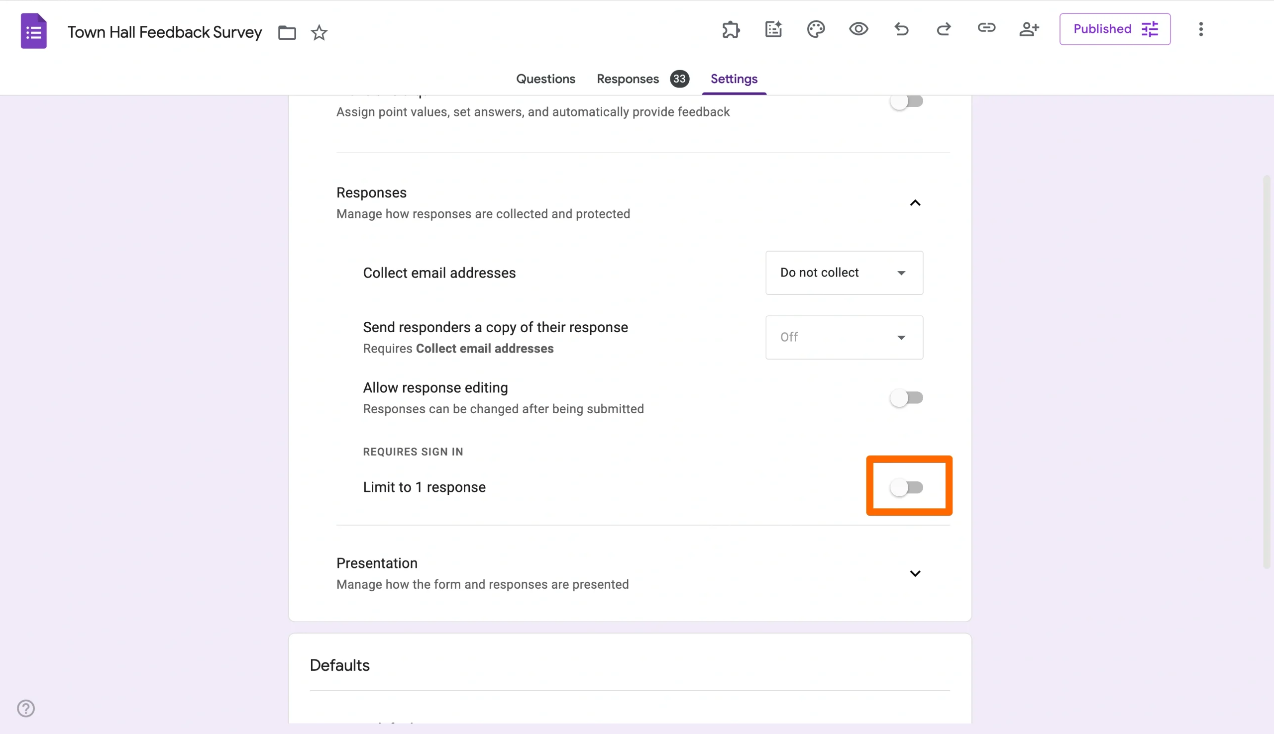 Google Forms Settings panel with ‘Limit to 1 response’ toggle under ‘Requires sign-in’ turned off