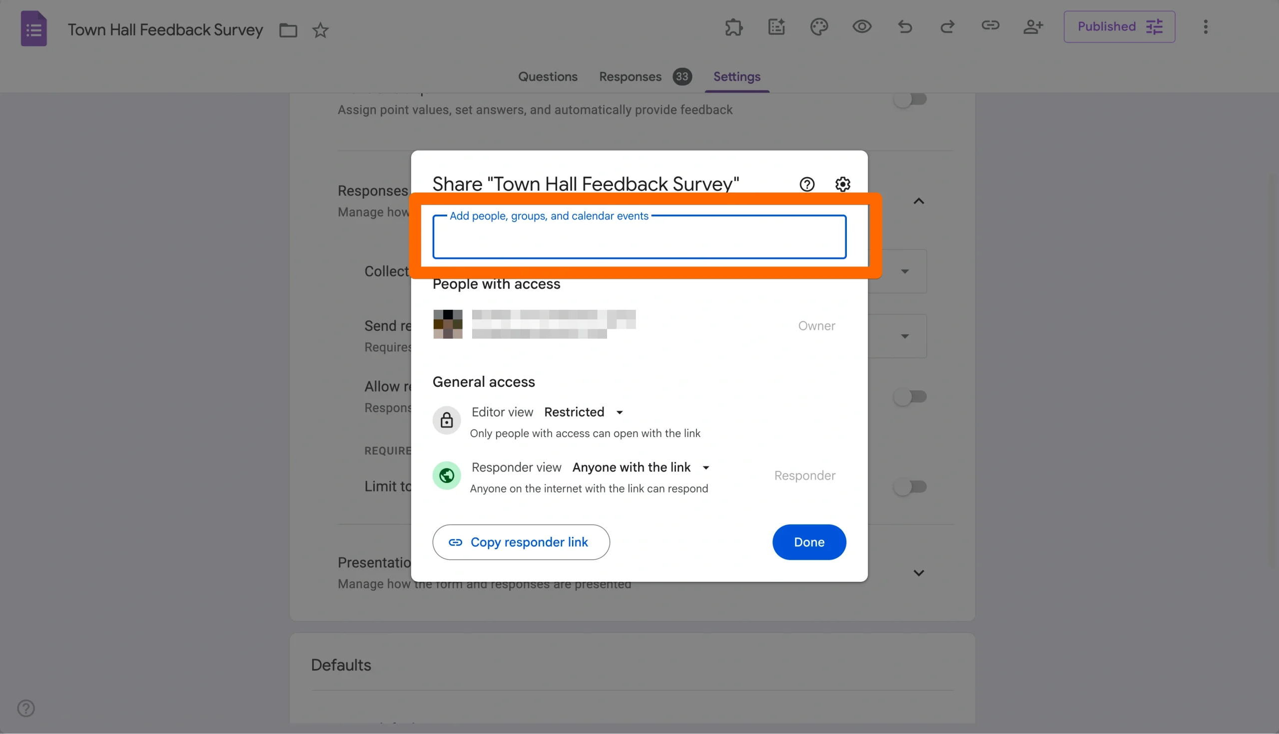 Google Forms sharing window with the email invite field highlighted