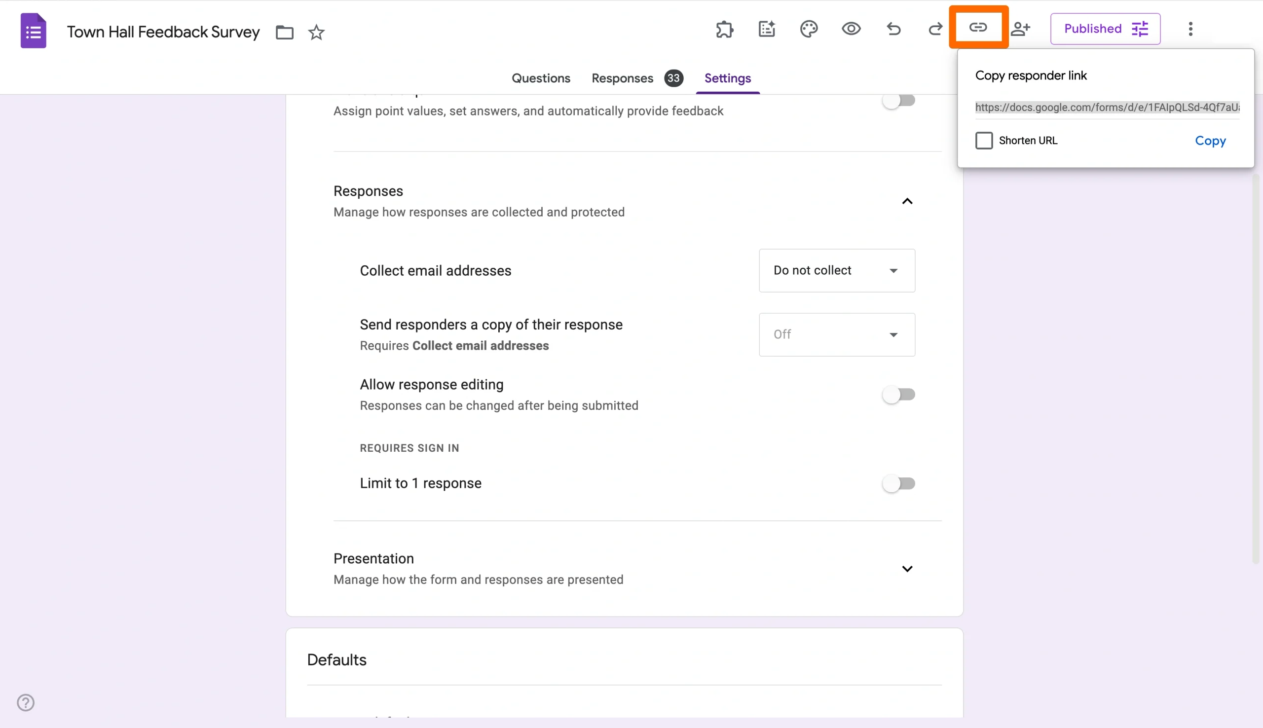 Google Forms with the link icon selected to copy the responder URL