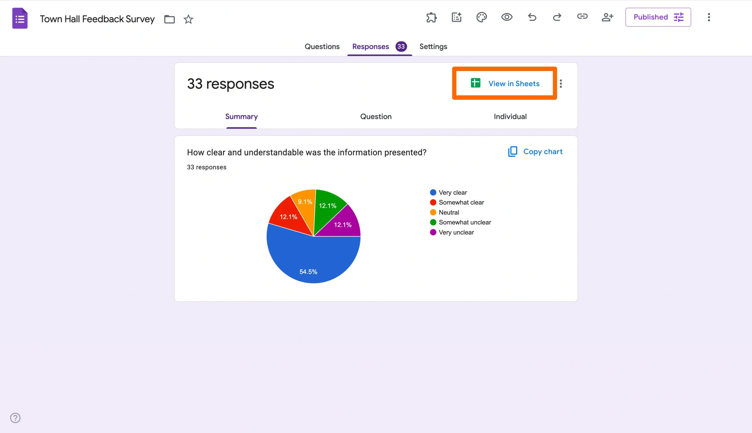 Google Forms Responses tab with ‘View in Sheets’ button highlighted