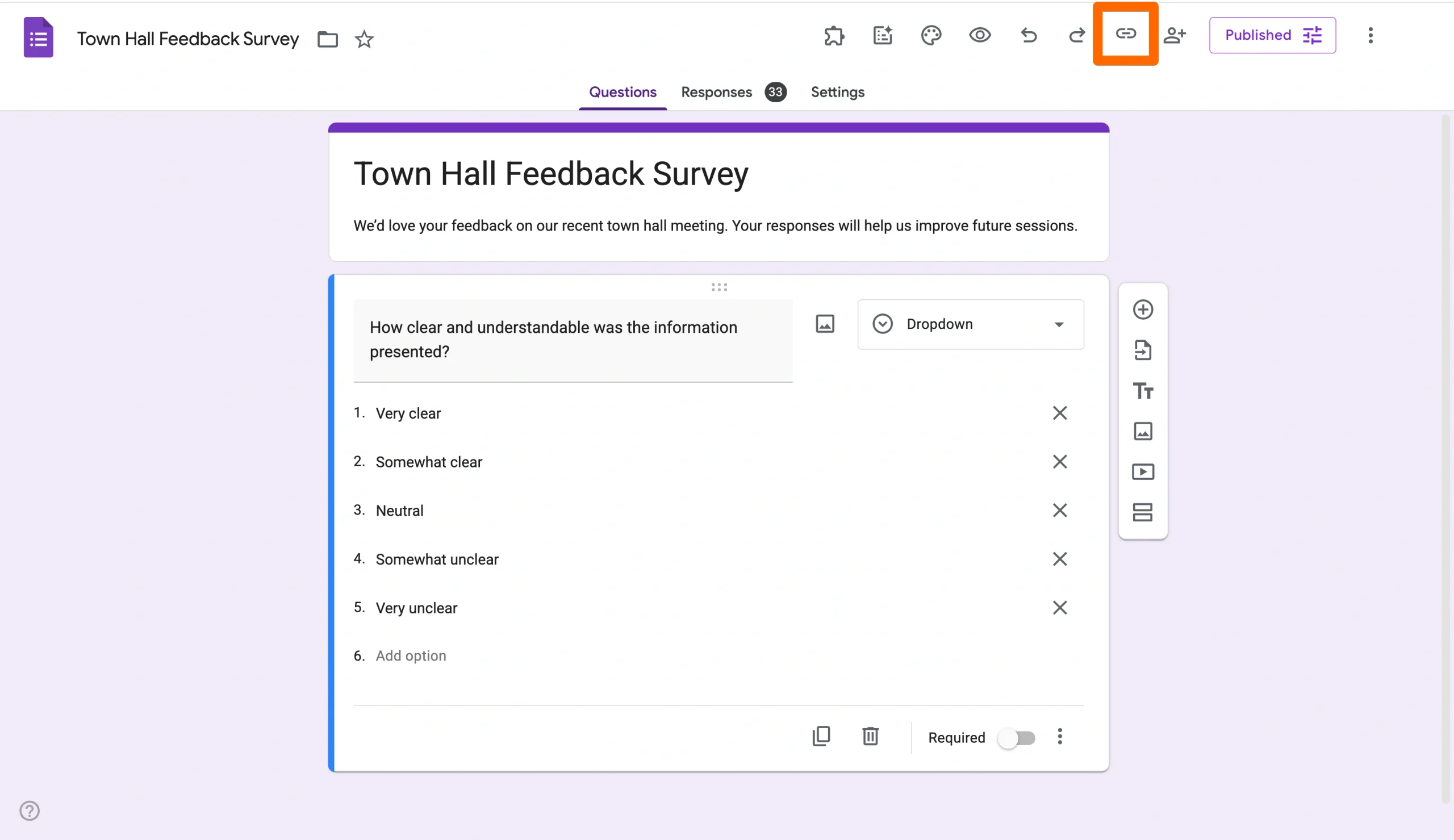 Form editor with the Share icon highlighted in the top-right