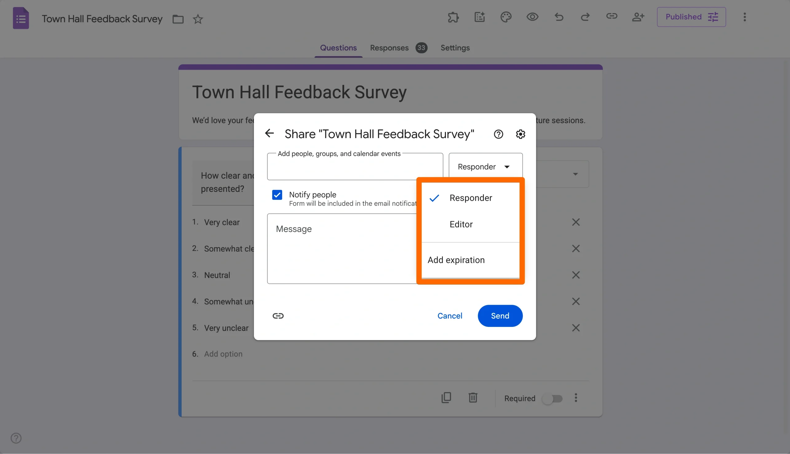 Sharing settings window with permission dropdown set to ‘Editor