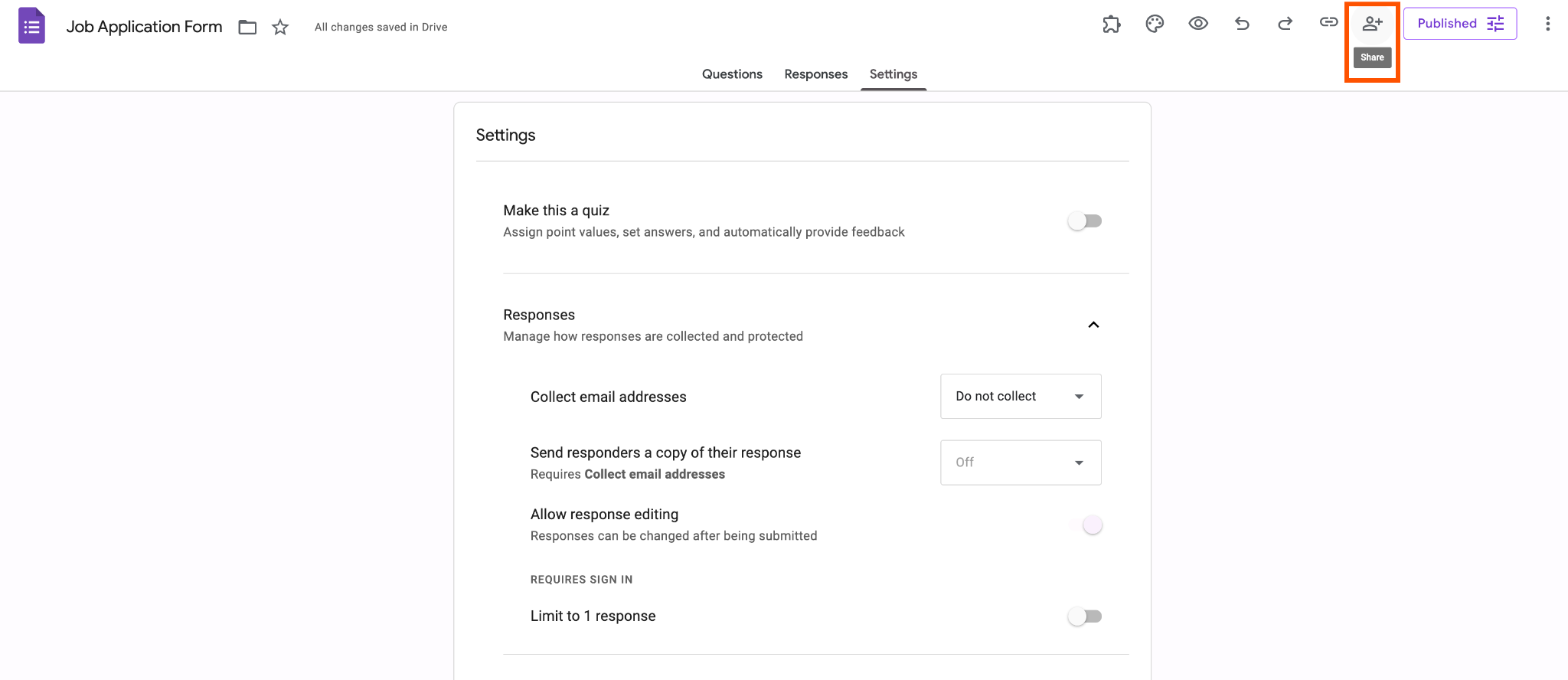 Google Forms editor with the Send button highlighted in the top-right corner