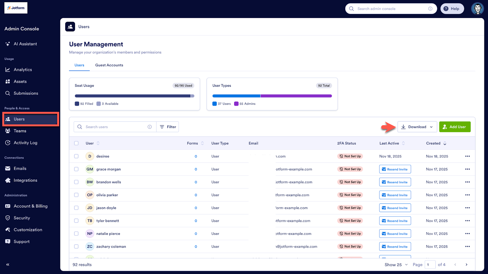Clicking on the Users tab on the Admin Console and clicking on the Download button on the User Management page