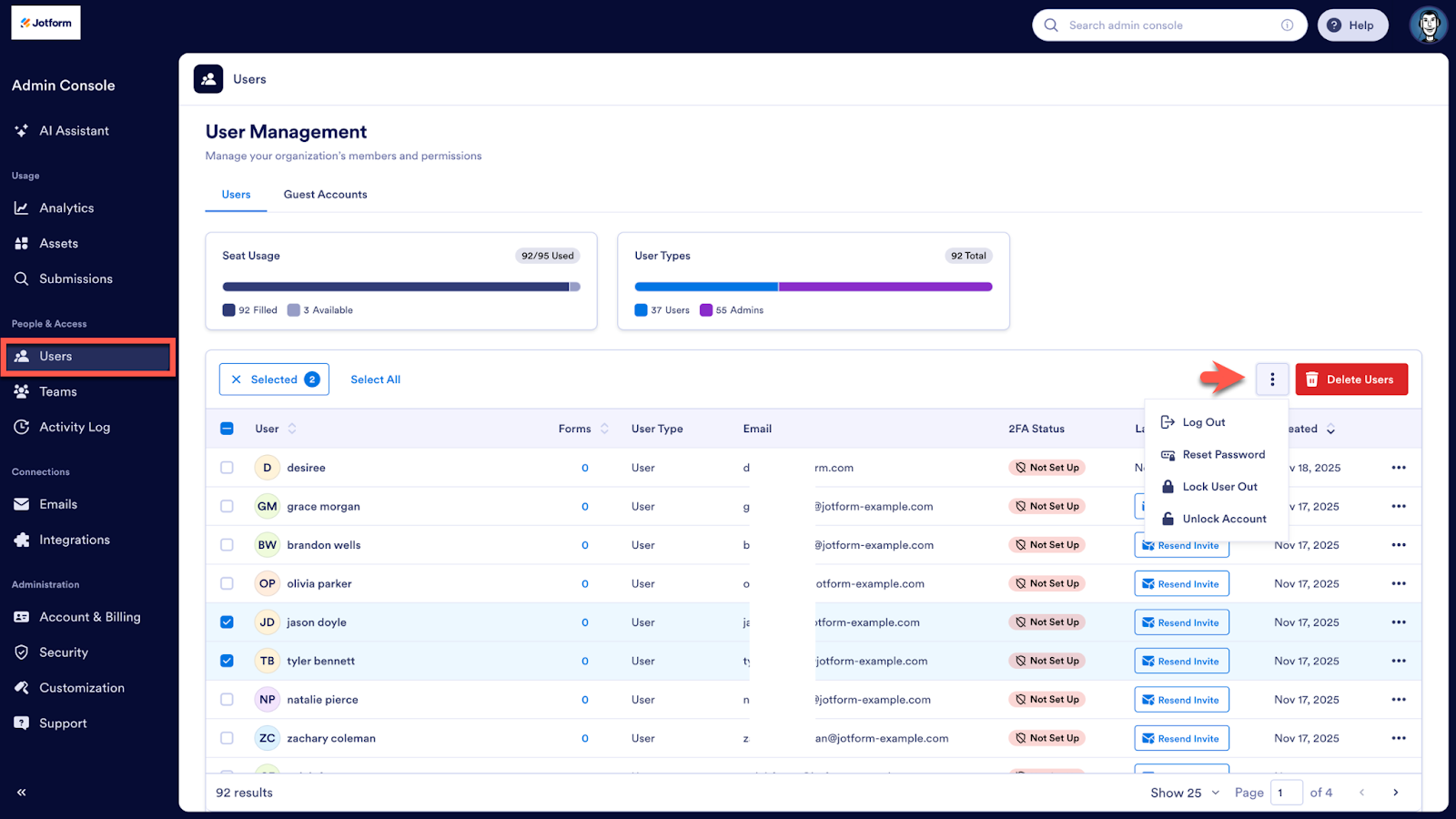 Clicking on the Users tab on the Admin Console and clicking on the three-dots next to the Delete Users button on the User Management page