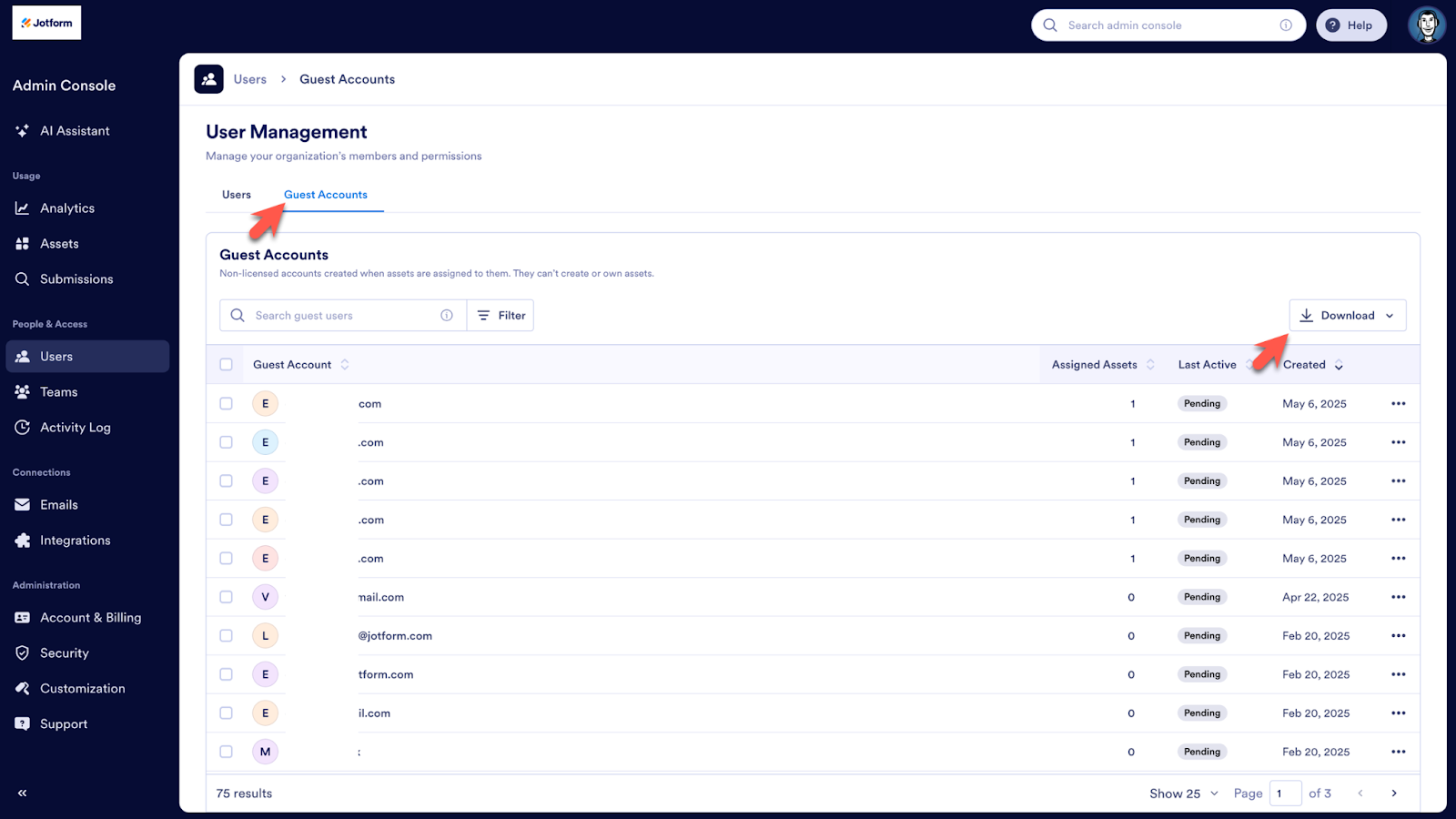 Clicking on the Guest Accounts tab on the User Management page and then clicking on the Download button on the Guest Accounts section