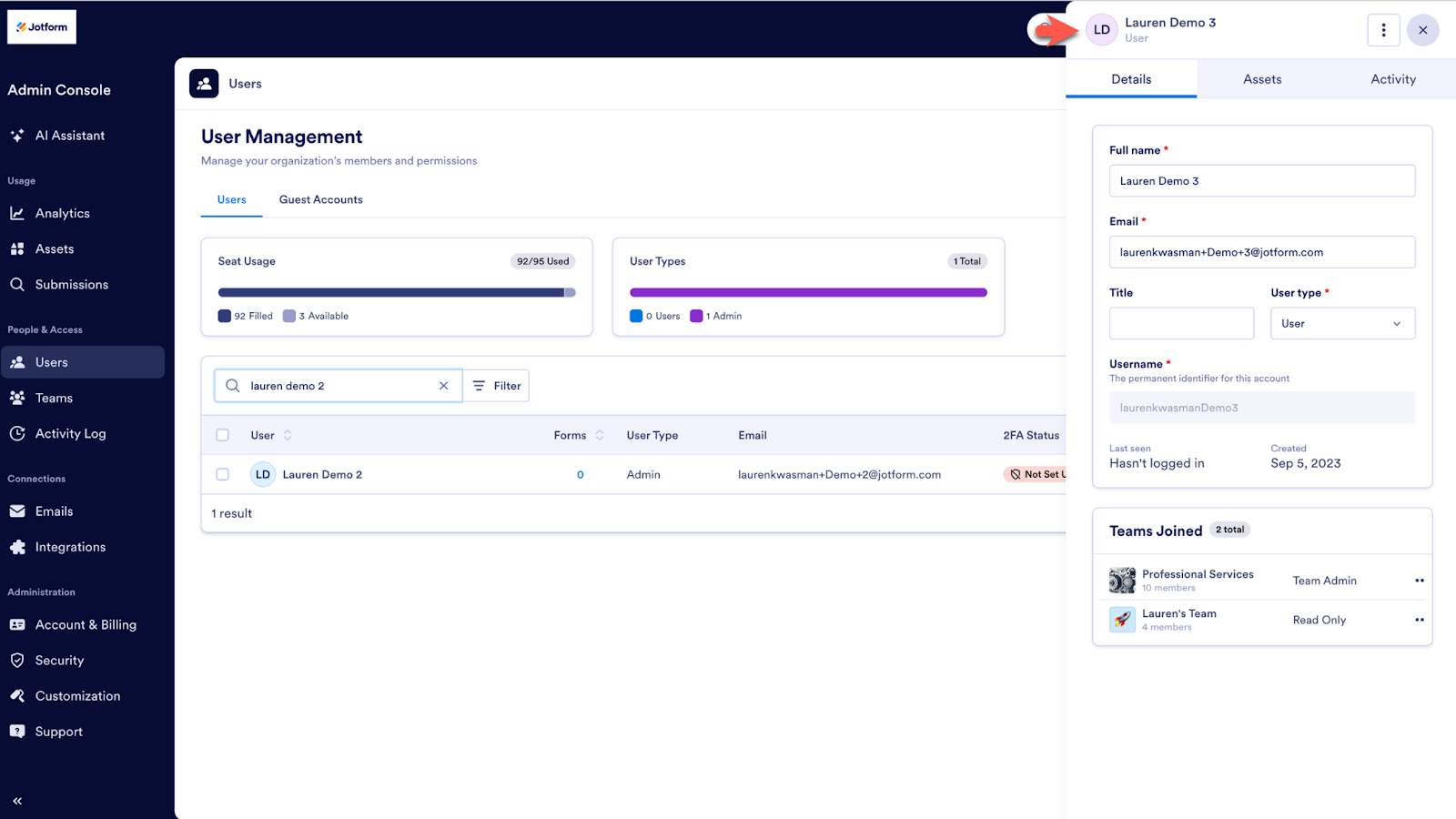 Viewing the User details on a window on the User Management page