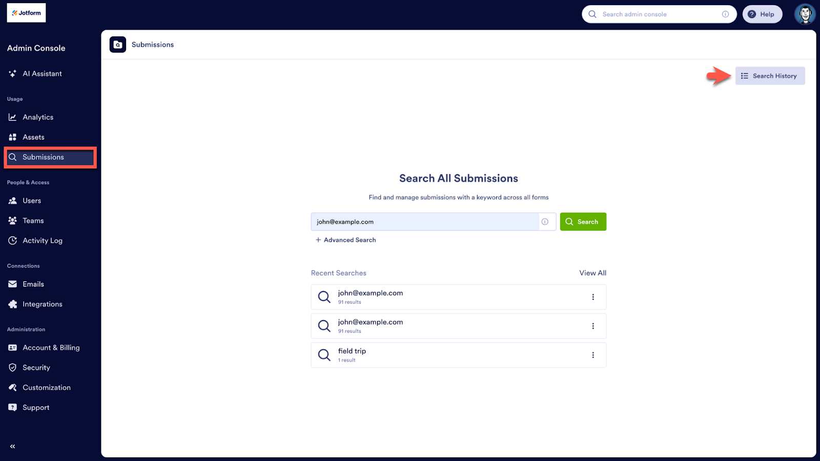 Clicking on the Submissions tab under the Admin Console and then clicking on the Search History button