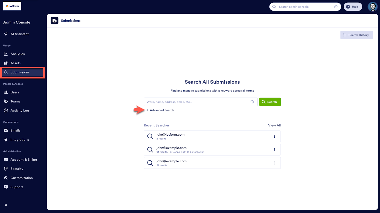 Clicking on the Submissions tab under the Admin Console and then clicking on the Advanced Search button