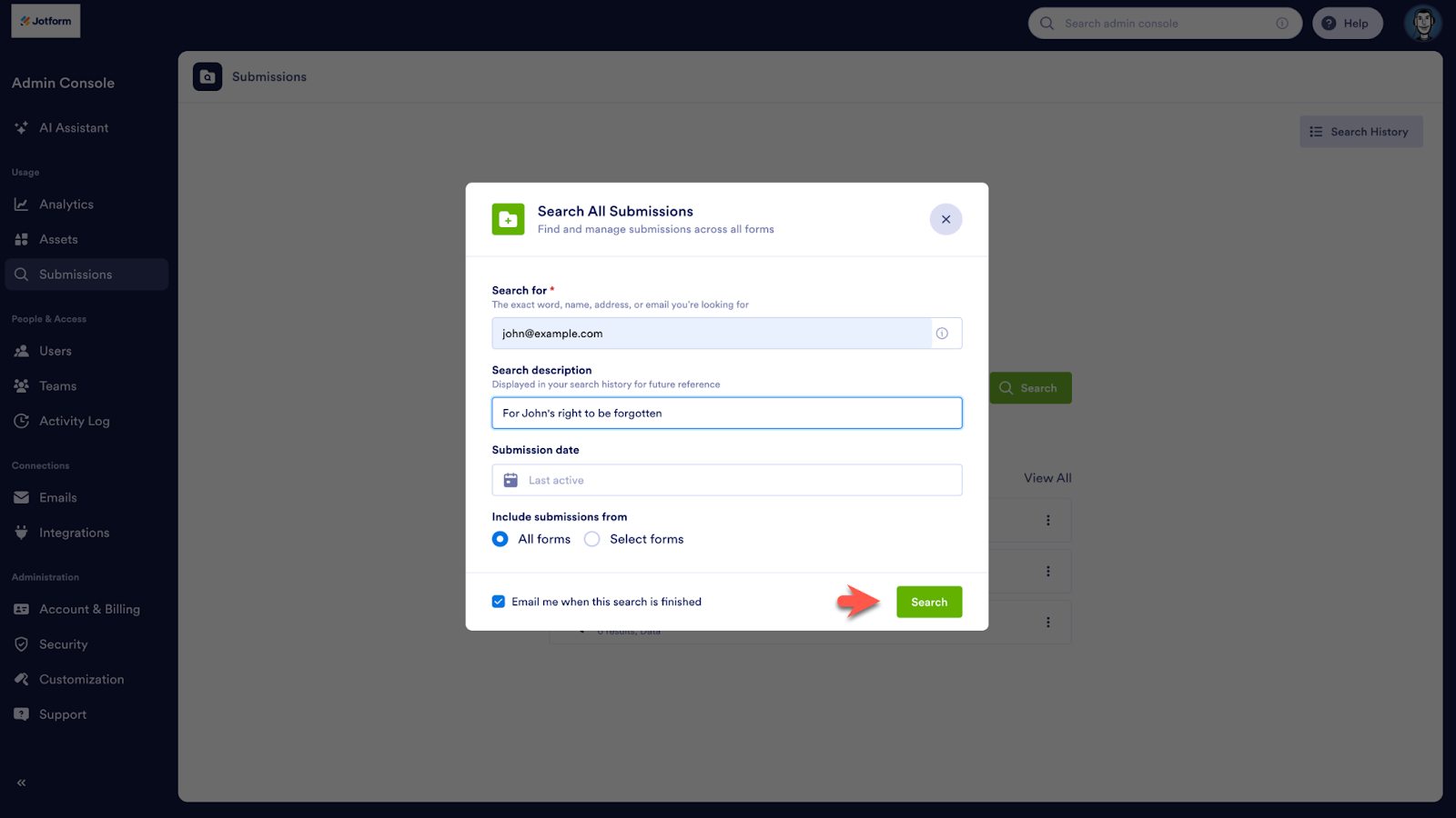Clicking on the Search button on the Search All Submissions page