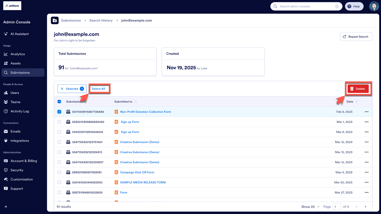 Clicking on the Select All button on the Submissions page and then clicking on the Delete button