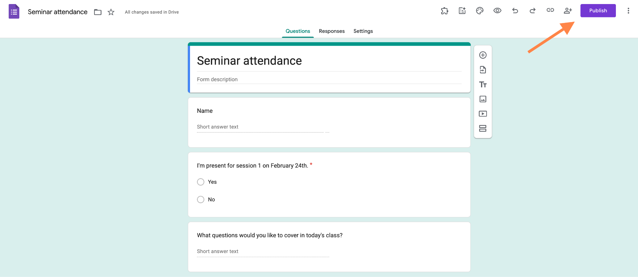 Google Forms editor with the Publish button highlighted in the top-right