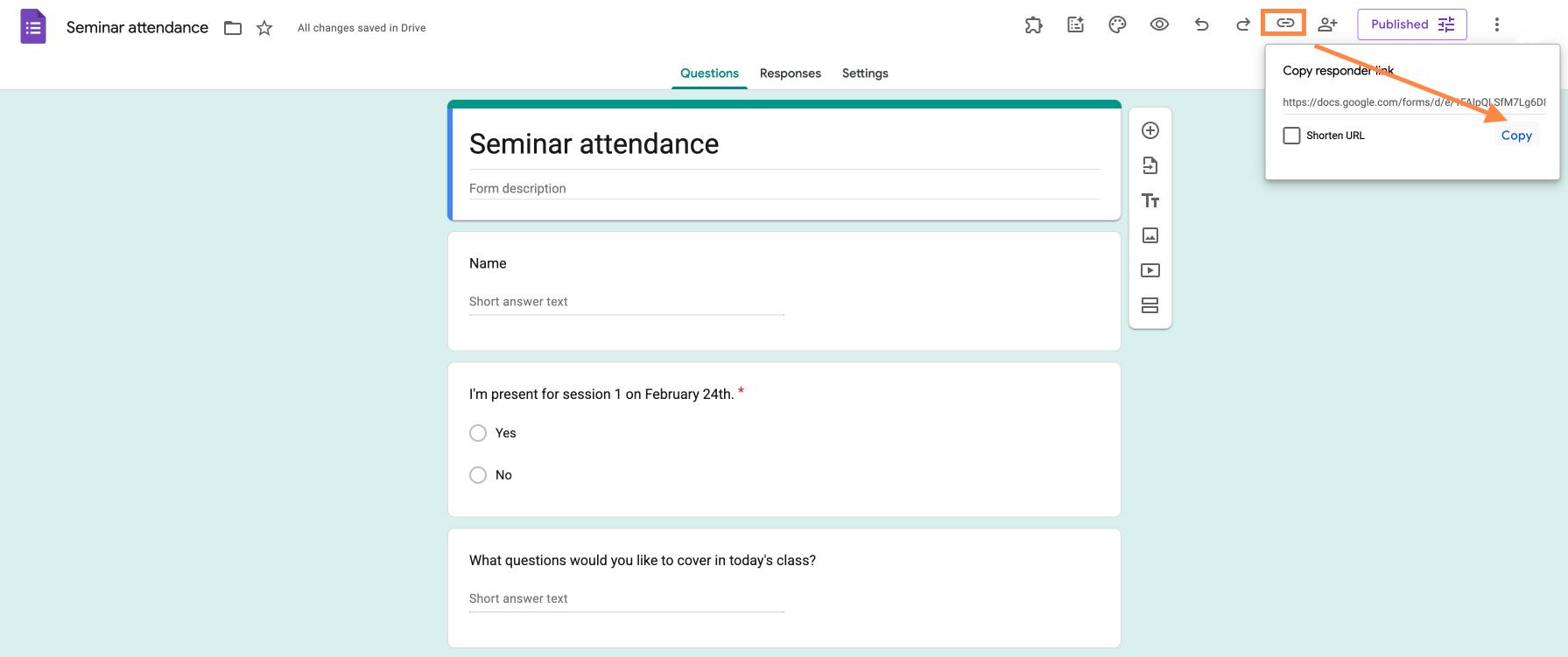 Google Forms with link option open and ‘Copy’ button highlighted for sharing the form URL