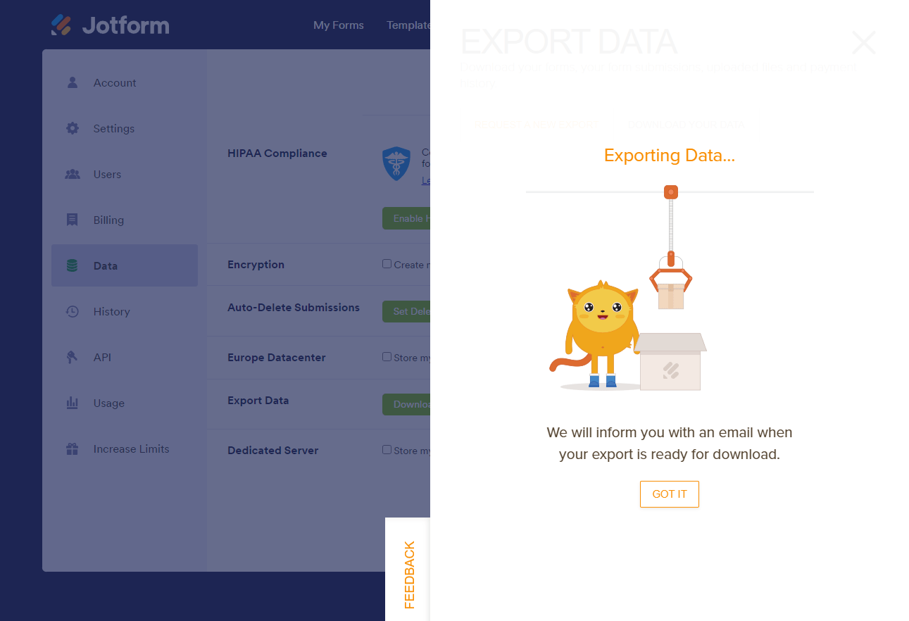 jotform account data export confirmation screen Screenshot 43 Screenshot 43 Screenshot 43