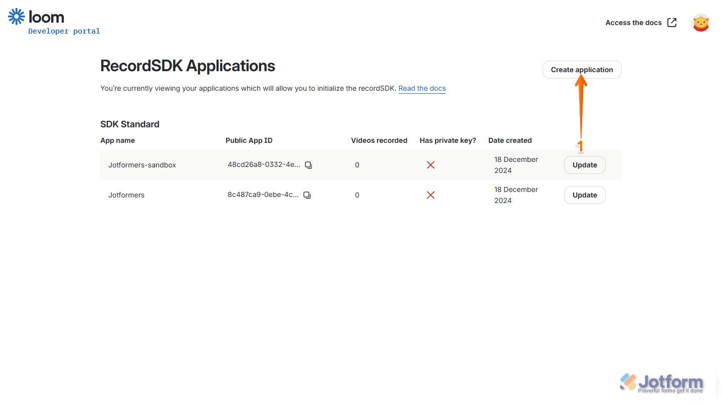 Loom Developer page showing Create Application button for setting up a Loom app