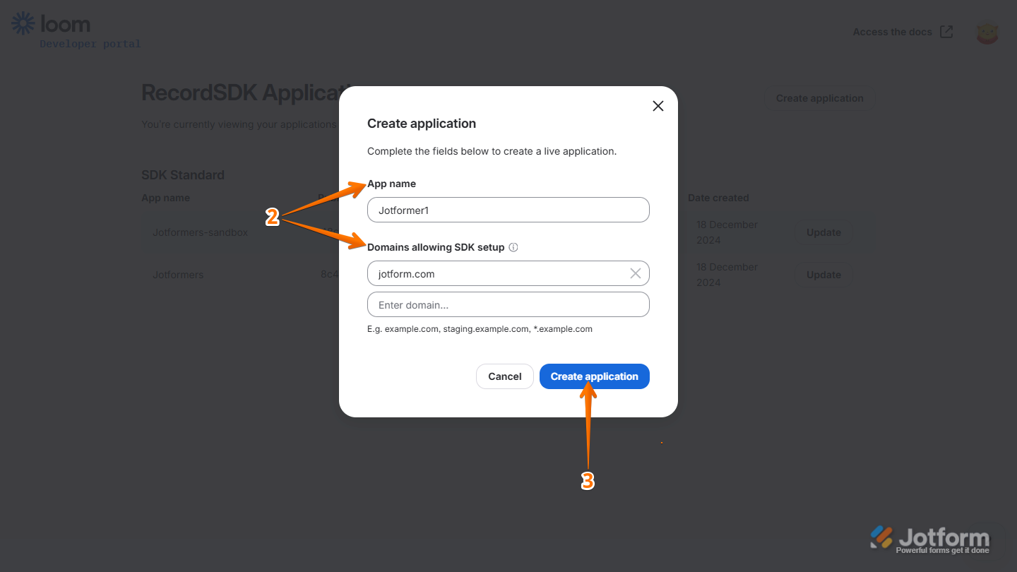 Create Application window showing App Name and Domain Allowing SDK Setup fields in Loom