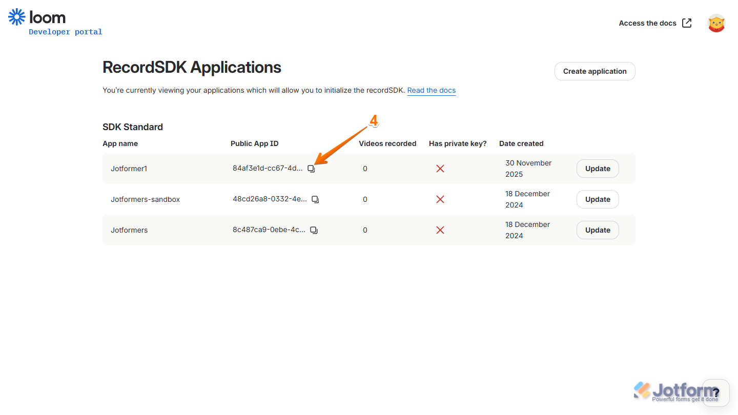 Loom application settings showing Public App ID and copy icon for app setup