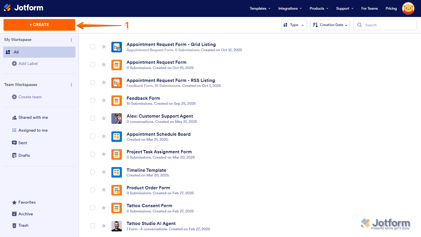 Clicking the Create button on the My Workspace page in Jotform