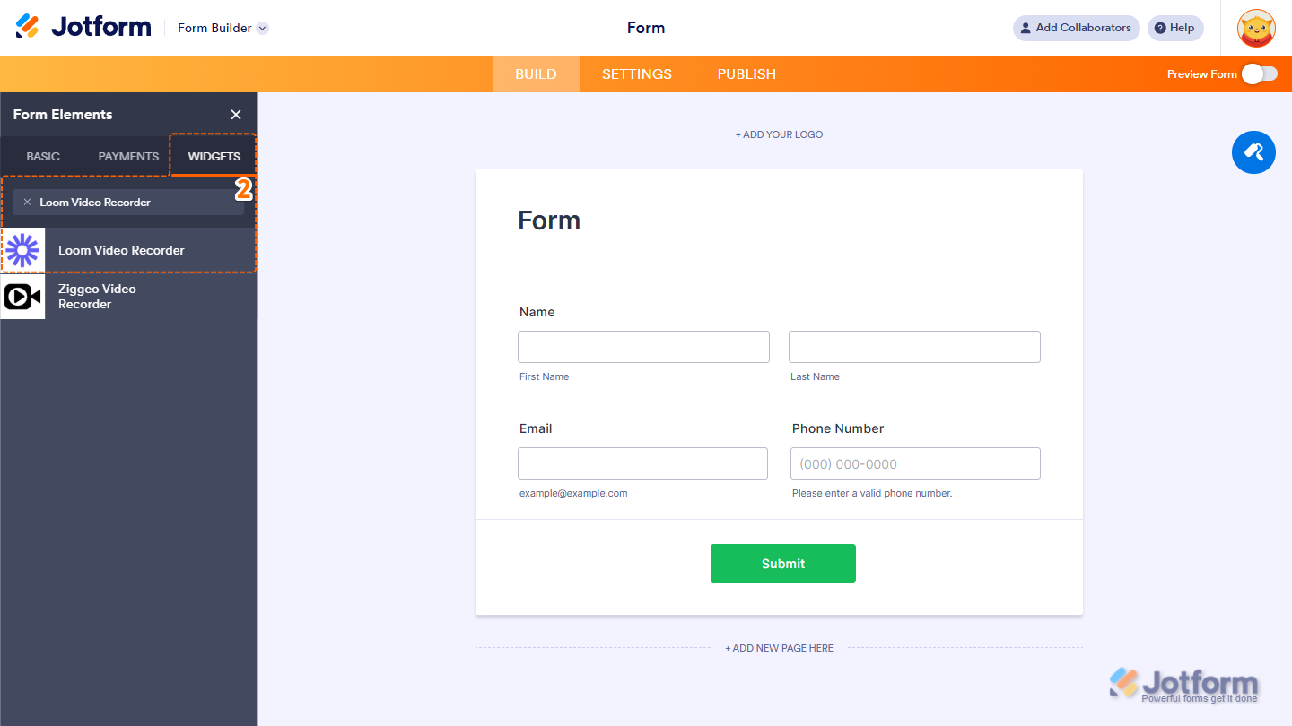 Form Elements Widgets tab showing Loom Video Recorder widget selection in Jotform