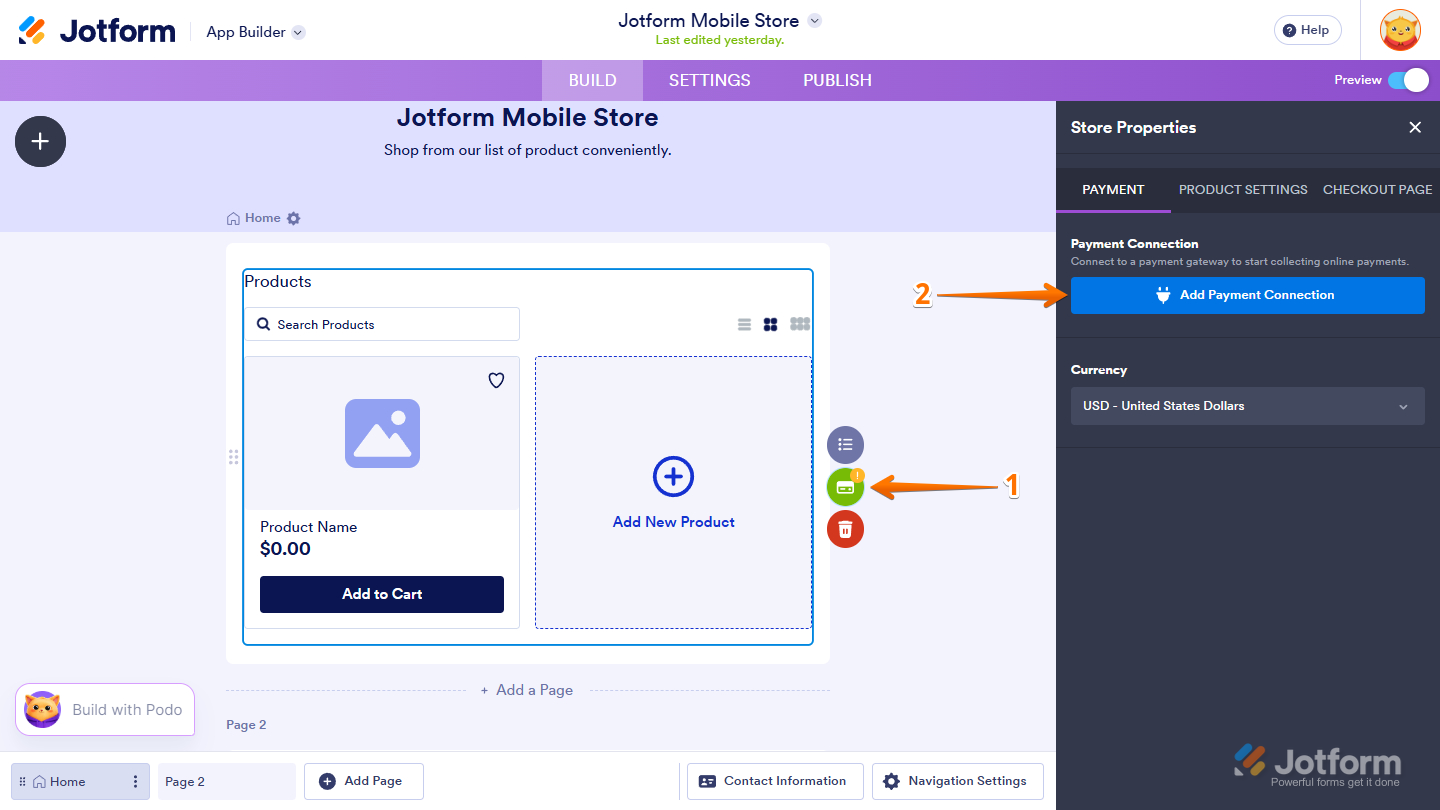 Add Payment Connection in the Store Properties of the Product List element
