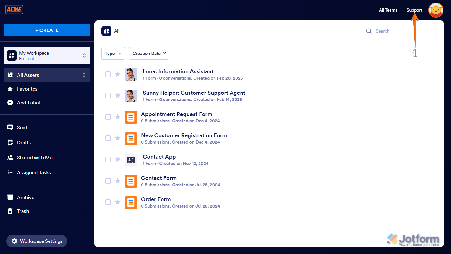 Support menu in Jotform Enterprise