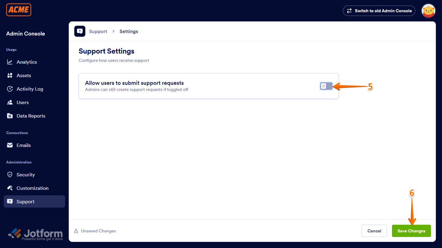Allow users to submit support request toggle in the Support Settings page of the Jotform Enterprise