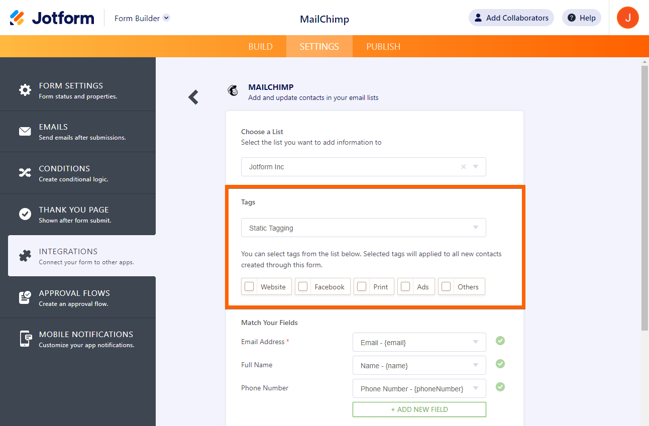Static tagging option in Mailchimp integration settings