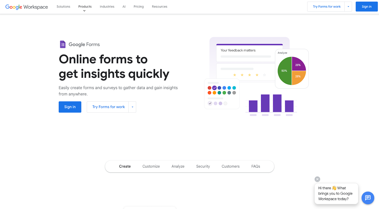 Google Forms website with the words: "Online forms to get insights quickly"