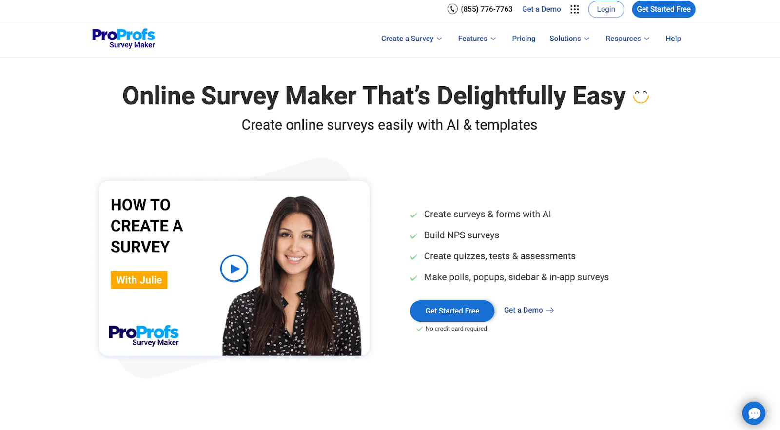 ProProfs Survey Maker website with the words: "Online Survey Maker That's Delightfully Easy"