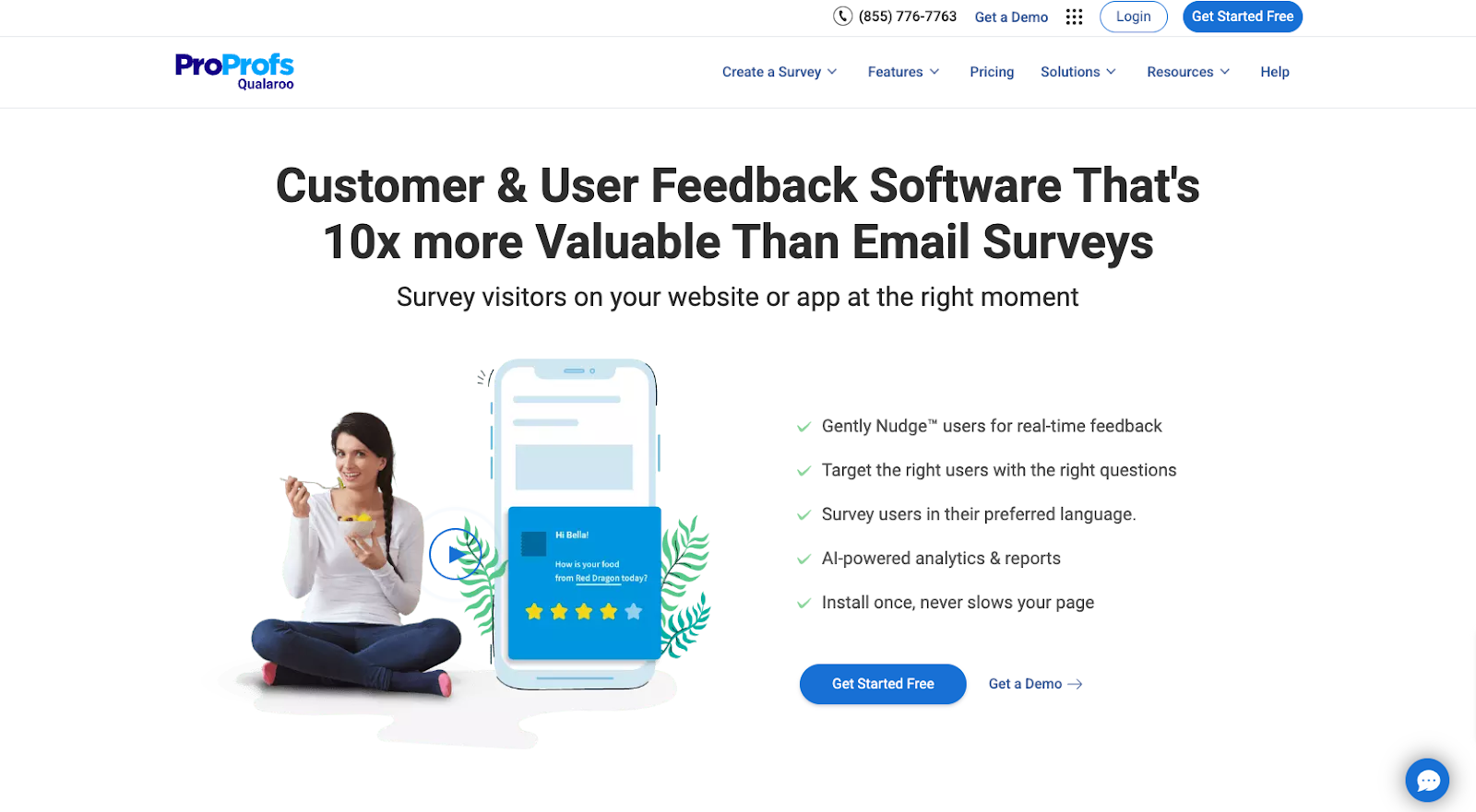 ProProfs Qualaroo website with the words: "Customer & User Feedback Software That's 10x More Valuable Than Email Surveys"