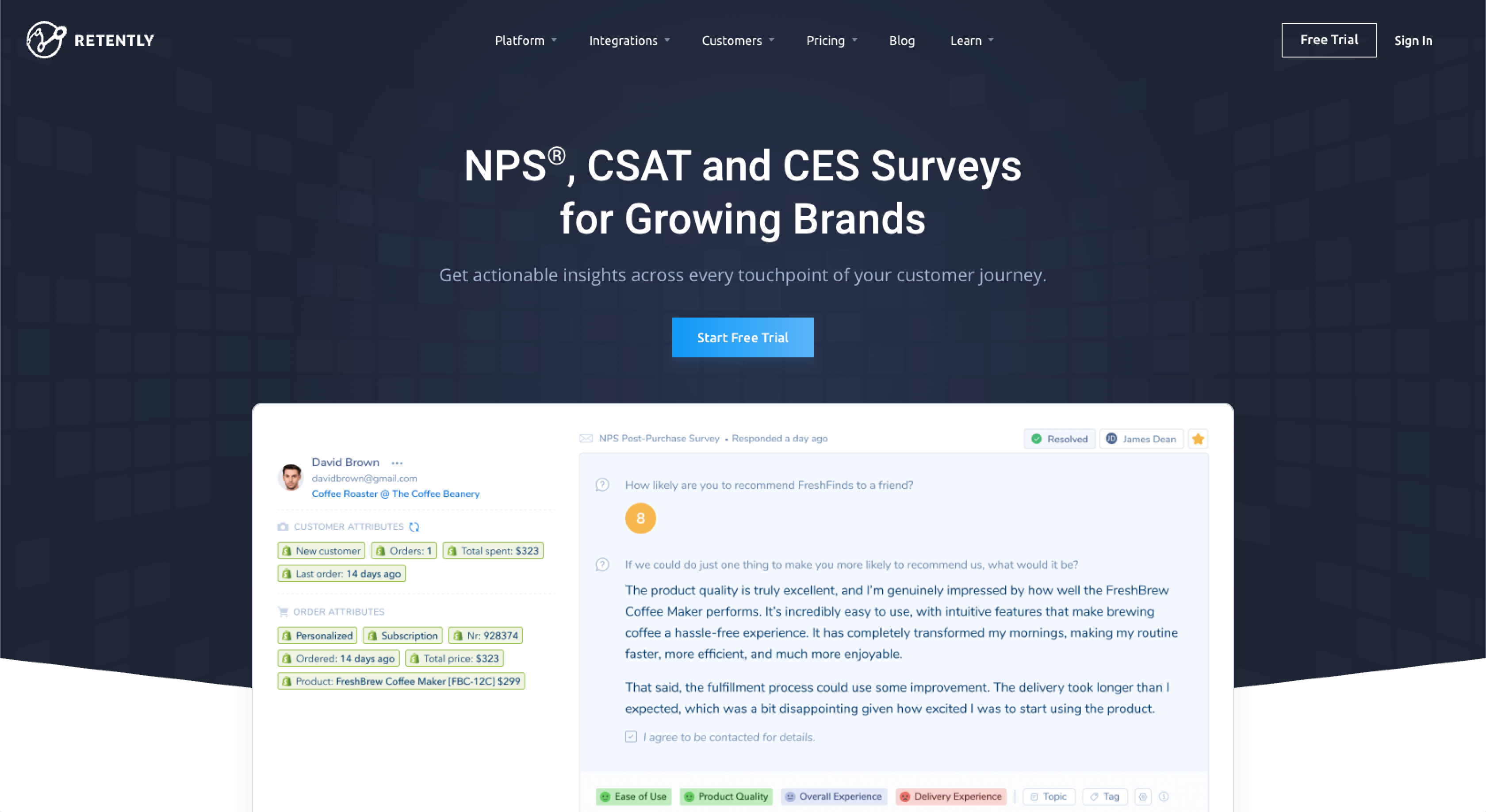 Retently website with the words: "NPS, CSAT, and CES Surveys for Growing Brands"