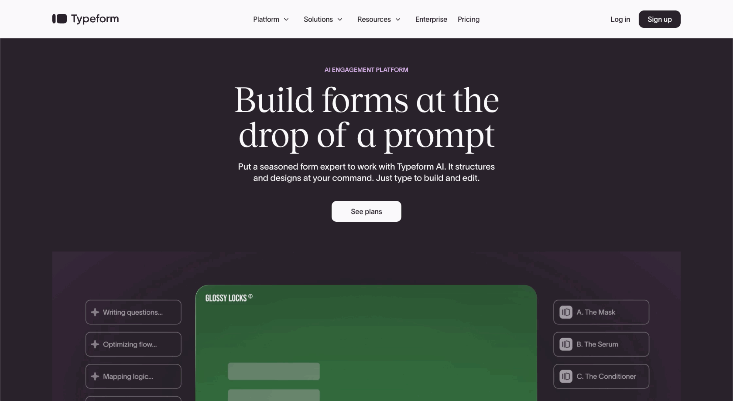 Typeform website with the words: "Build forms at the drop of a prompt"