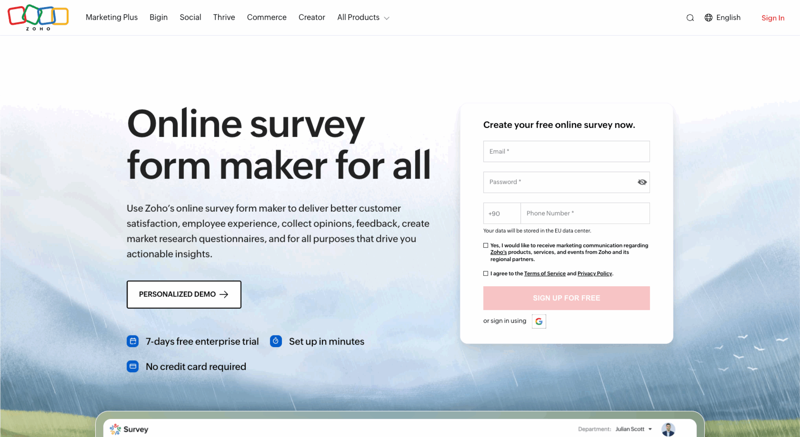 Zoho Survey website with the words: "Online survey form maker for all"