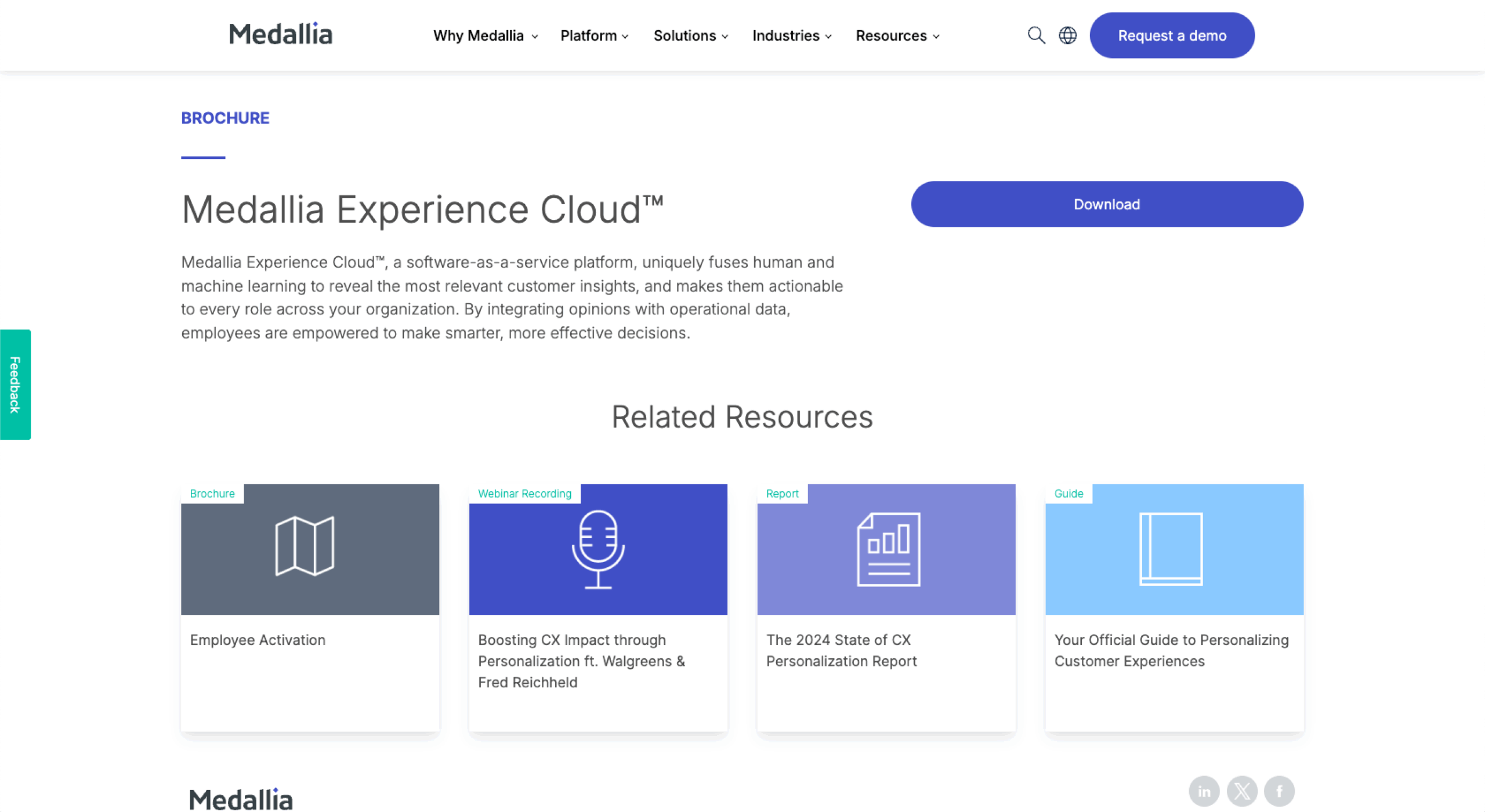 Medallia Experience Cloud website with the words: "a software-as-a-service platform [that] uniquely fuses human and machine learning to reveal the most relevant customer insights"