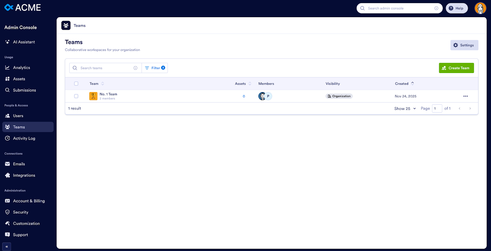 Viewing the Teams page on the Admin Console