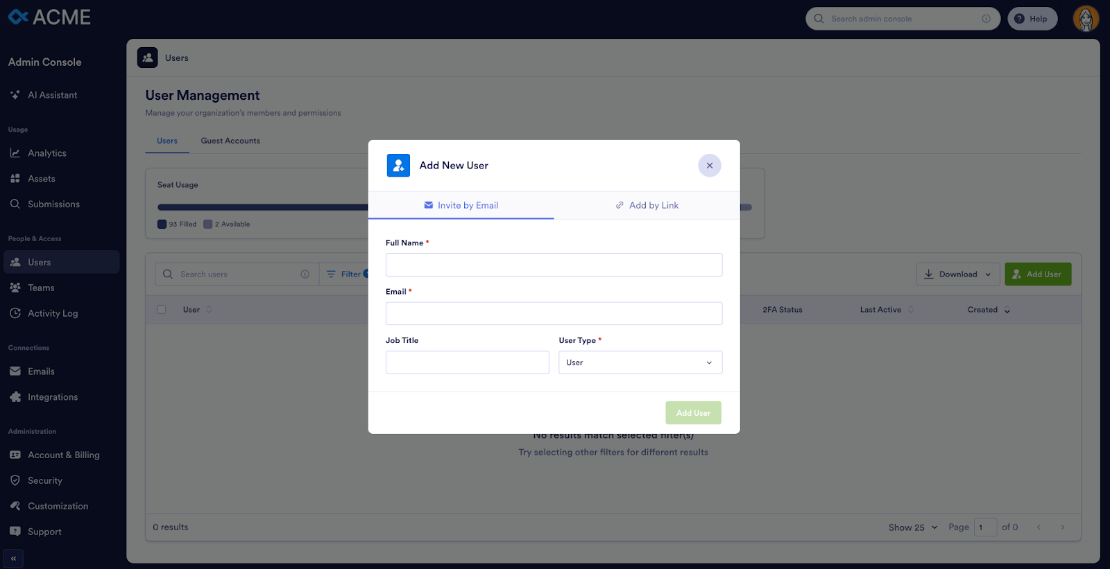 Viewing the Add New User window on the Admin Console