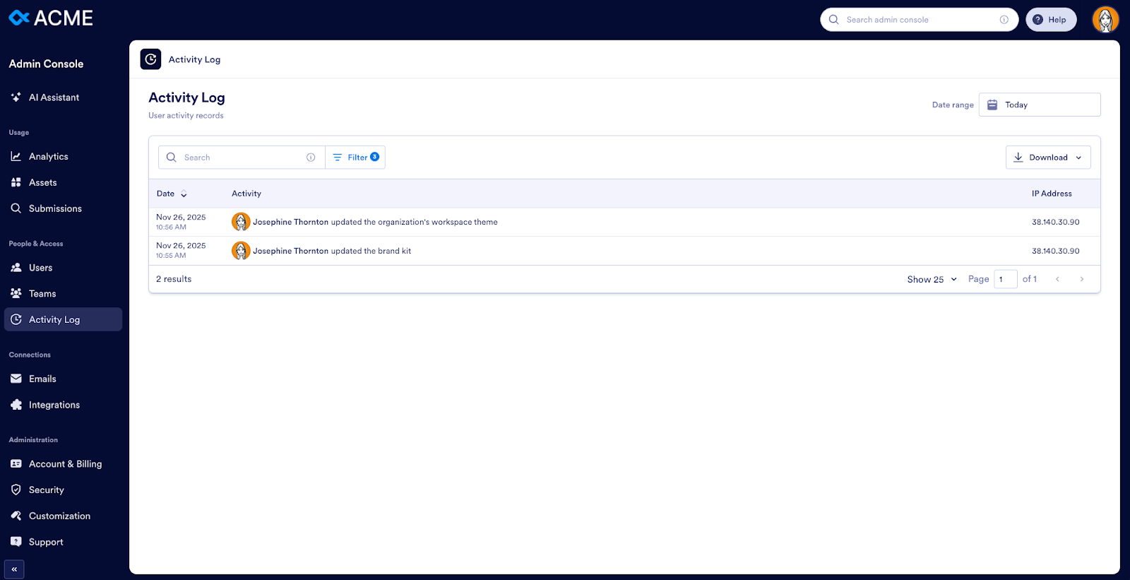 Viewing the filtered result on the Activity Log page