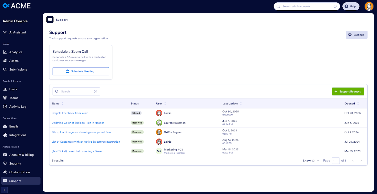 Viewing the support tickets across the organization on the Support tab