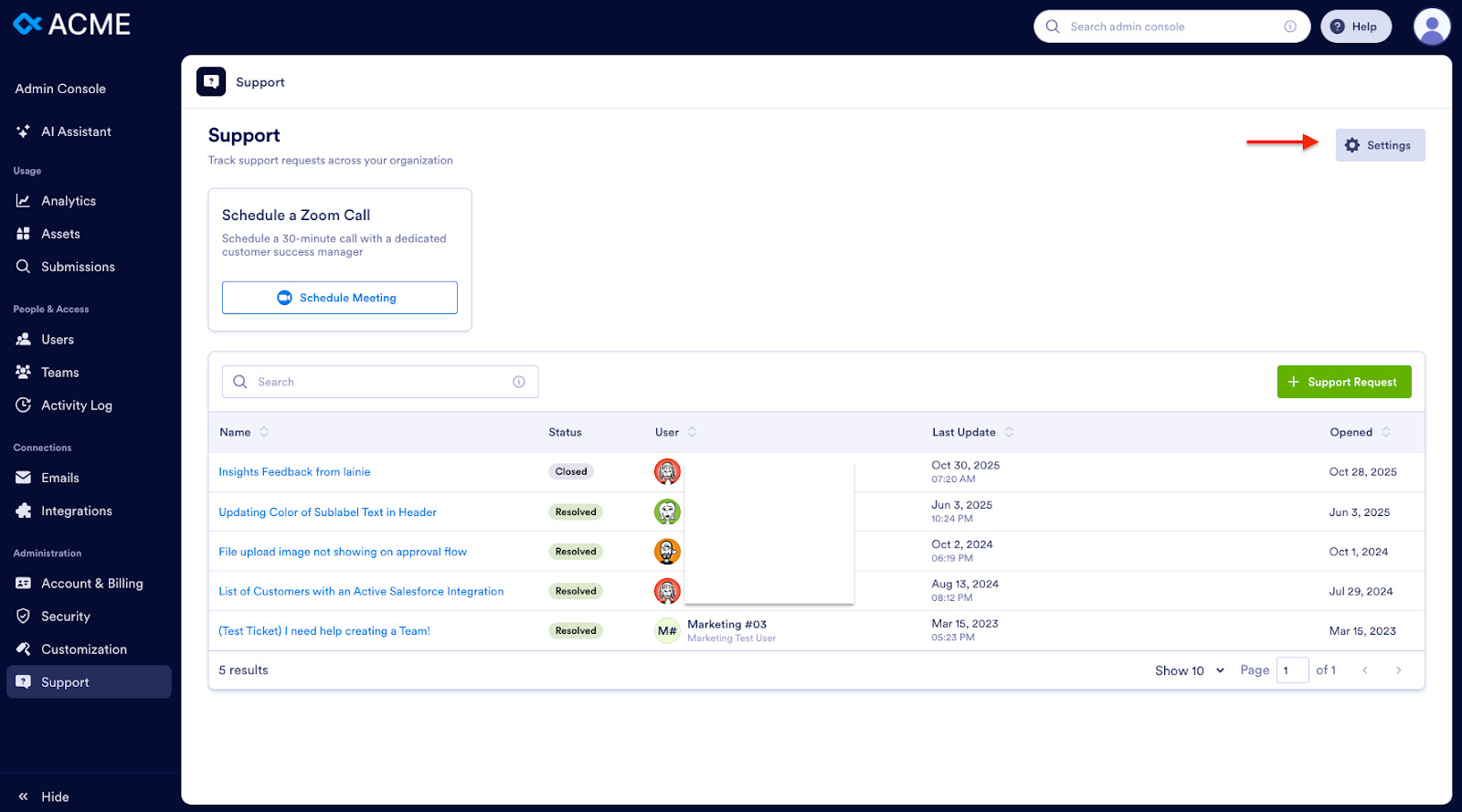 Clicking on the Settings button on the Support page on Admin Console