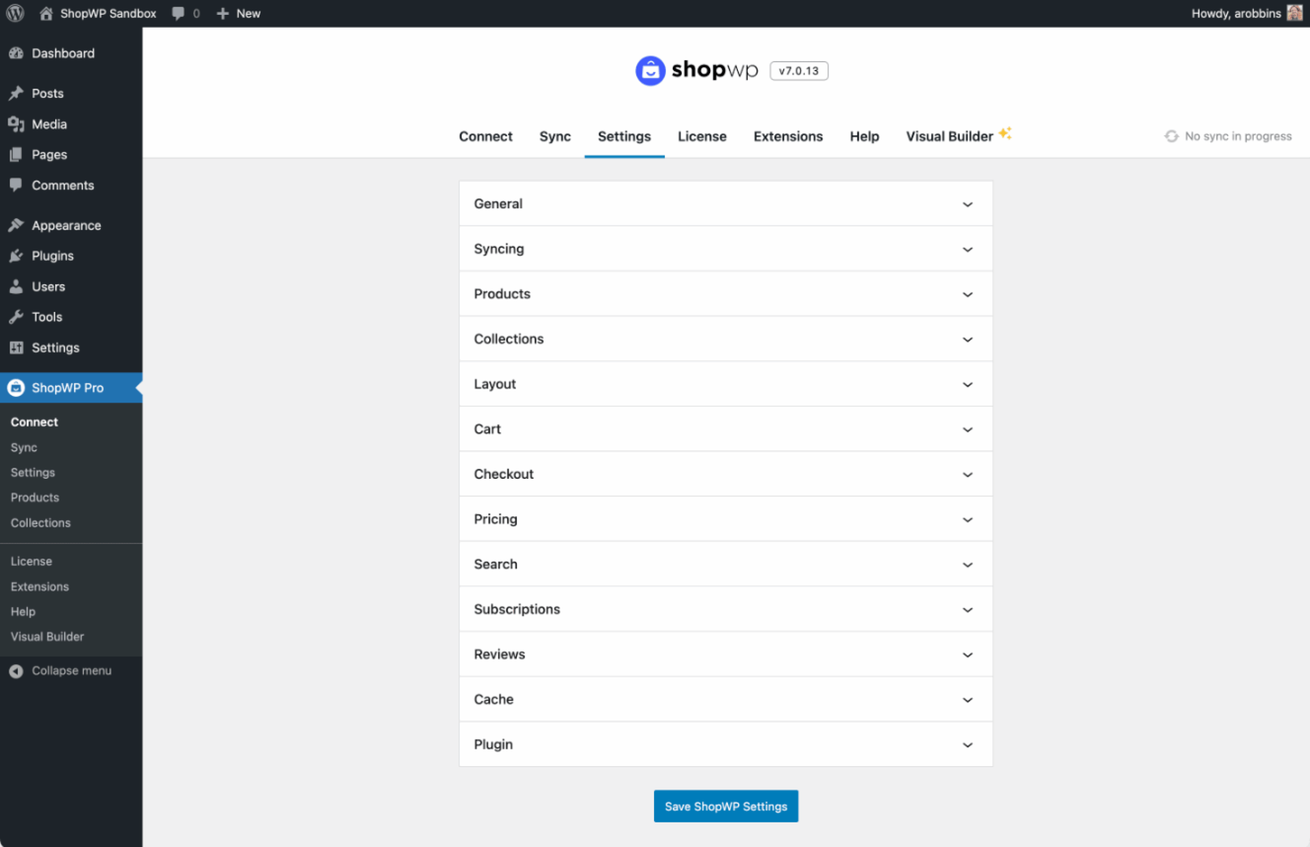 ShopWP WordPress Settings Page