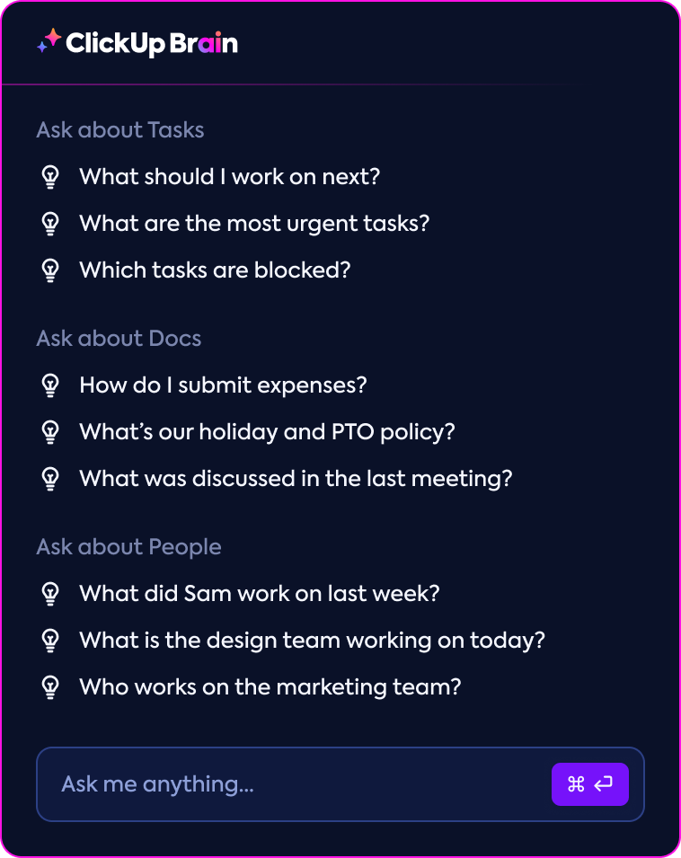 Screenshot of the ClickUp Brain interface, showing examples of different questions you can ask the AI