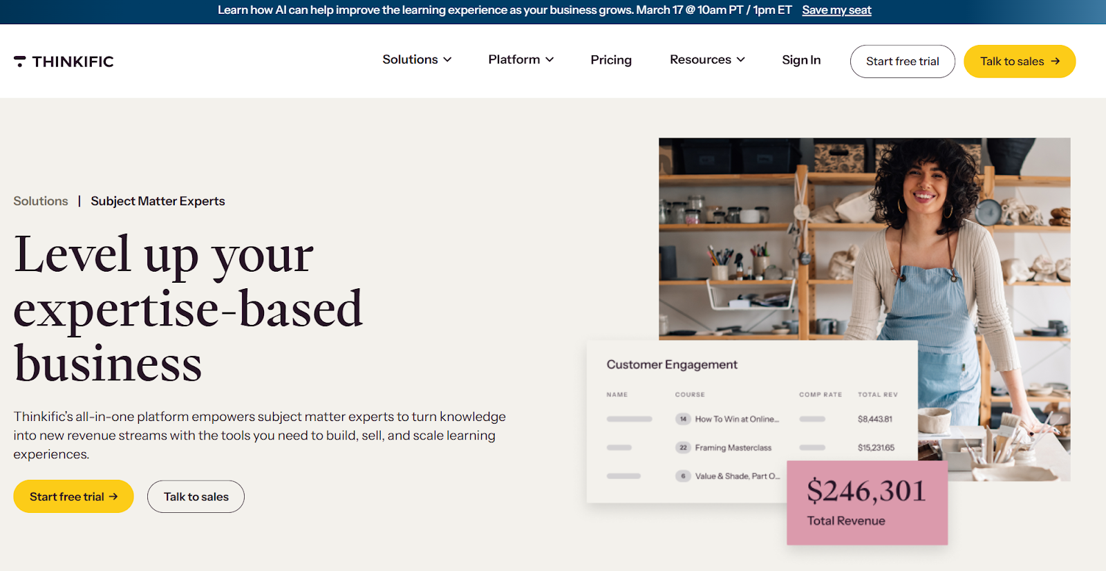 Screenshot from Thinkific's landing page