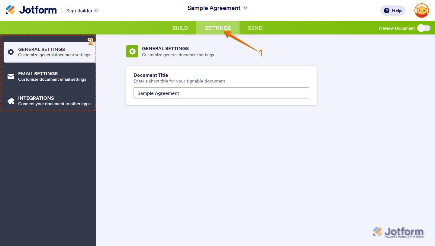 Jotform Sign Builder Settings menu showing General Settings, Email Settings, and Integrations in the green navigation bar