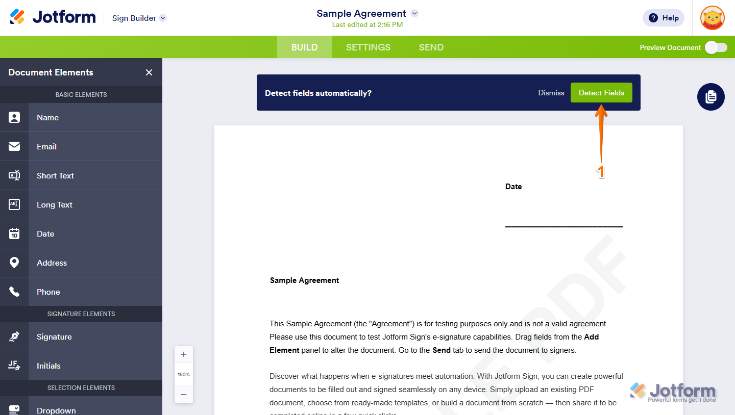 Jotform Sign Builder interface showing an uploaded document with the ‘Detect Fields’ button highlighted for automatic field detection