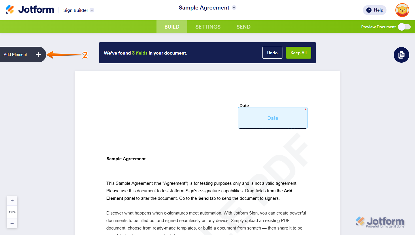 Jotform Sign Builder interface with the ‘Add Element’ menu highlighted on the left side of the page