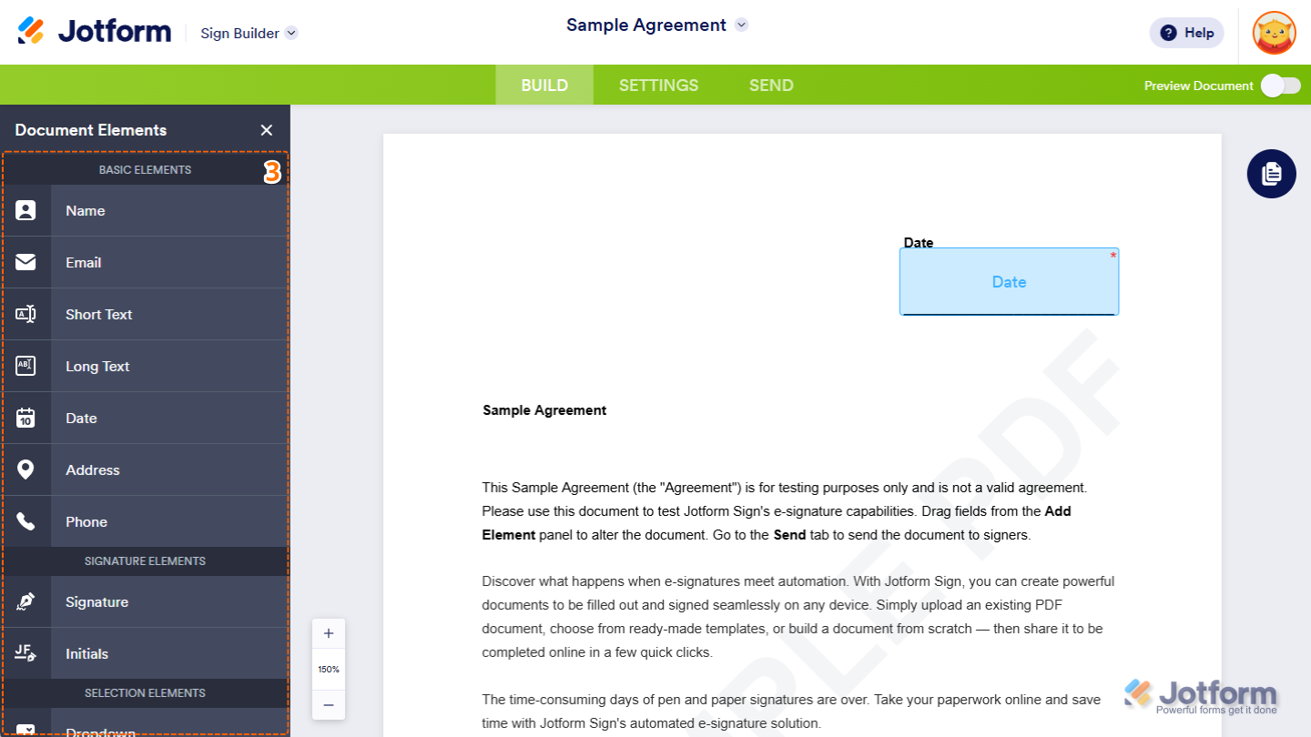 Document Elements menu in Jotform Sign Builder showing options to add fields that weren’t automatically detected