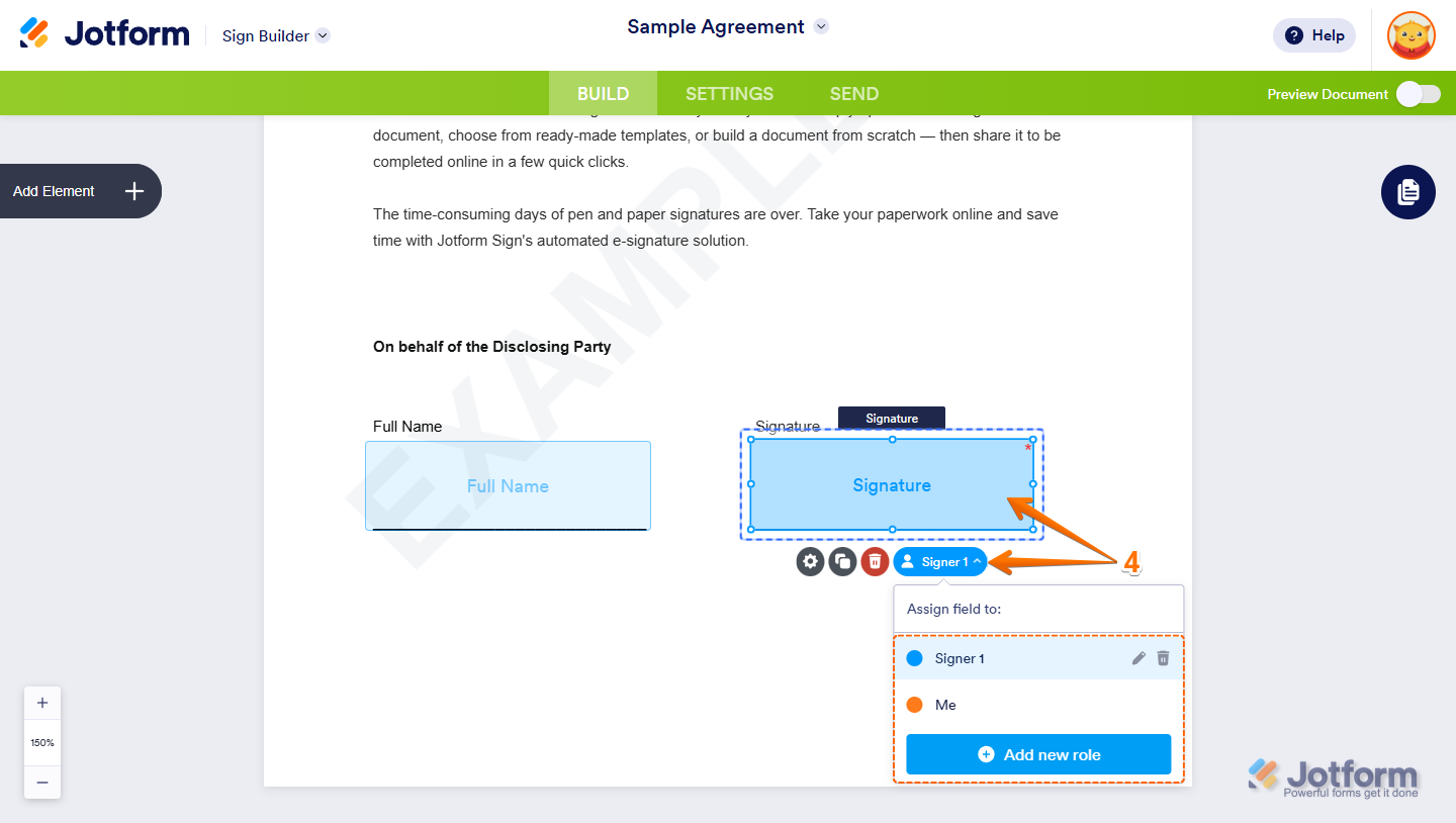 Assigning fields in Jotform Sign Builder by selecting a field, using the dropdown to assign it to a signer, with the option to add a new signer role